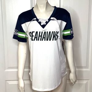 FANATICS Seattle Seahawks White/Navy/Green Tie Front Tee Mesh Sides For Cooling